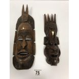 TWO WOODEN AFRICAN TRIBAL MASKS WITH DETAILED INLAY LARGEST 40 CMS