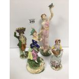 A ROYAL WORCESTER FIGURE OF A CLASSICAL FEMALE, 26CM HIGH (AF) TOGETHER WITH THREE CONTINENTAL