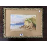 A SIGNED SEASCAPE WATERCOLOUR GOUACHE SIGNED HEATH IN A GLAZED ORNATE GREEN AND GILT FRAME, 52CM