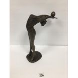 A LARGE MODERN BRONZE FIGURE OF A DANCING GIRL HOLDING A BALL ALOFT WITH OUTSTRETCHED ARMS, 37.5CM