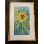 ROSALIND MASSON/MUSSON A SIGNED MIXED MEDIA PAINTING OF A SUNFLOWER, FRAMED AND GLAZED 39CM BY 59CM