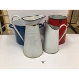 FOUR PIECES OF COLOURED ENAMEL WARE INCLUDING TWO JUGS, A SOUP PAN AND ANOTHER