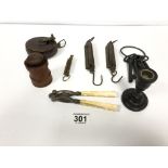 MIXED COLLECTIBLES, INCLUDING THREE SETS OF BRASS SCALES, A LEATHER BOUND TAPE MEASURE BY RABONE &