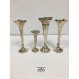 FOUR SILVER TRUMPET SHAPED SPILL VASES, INCLUDING A PAIR, THESE BEING HALLMARKED BIRMINGHAM 1905