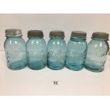 FIVE VINTAGE BALL PERFECT MASON LIDDED JARS, 18.5CM HIGH