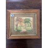 A SIGNED COUNTRY PATH WOODED SCENE WATERCOLOUR GOUACHE SCENE IN A WOODEN GLAZED FRAME AND WITH A