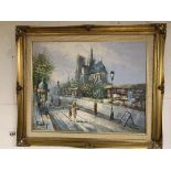 A FRAMED OIL ON BOARD OF A FRENCH STREET SCENE, SIGNED BURNETT 70 X 45CMS