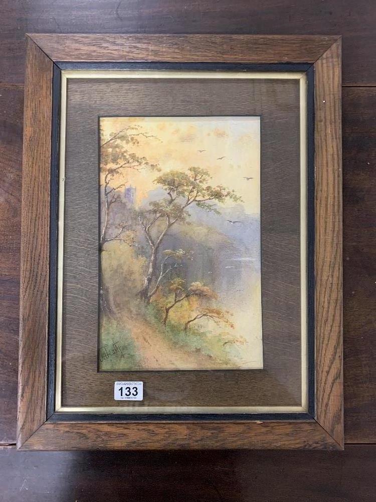 A SIGNED COUNTRY ROAD WATERCOLOUR GOUACHE SCENE IN A WOODEN GLAZED FRAME AND WITH A WOODEN MOUNT