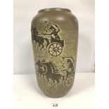 A LARGE EUROPEAN ART POTTERY VASE, THE SIDES DEPICTING A SCENE OF CHARIOT RACERS, 50CM HIGH