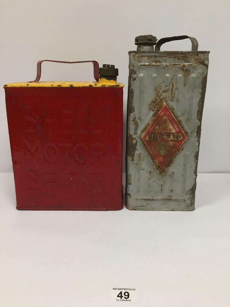 TWO VINTAGE OIL CANS, ONE SHELL PAINTED YELLOW AND RED AND THE OTHER AUTOGAZO