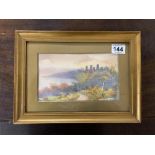 A SIGNED LANDSCAPE SCENE WITH CASTLE WATERCOLOUR GOUACHE IN A GLAZED GILT FRAME AND GILT MOUNT
