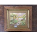 A SIGNED RIVER COUNTRY SCENE WATERCOLOUR GOUACHE SCENE IN A WOODEN GLAZED FRAME AND WITH A WOODEN