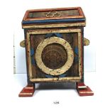 AN UNUSUAL EARLY PAINTED WOODEN CARRY CHEST WITH TWIN HANDLES, POSSIBLY OF RELIGIOUS NOTE,