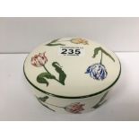 A TIFFANY & CO "TIFFANY TULIPS" PATTERN LIDDED CERAMIC POT OF CIRCULAR FORM, MADE IN ENGLAND, 13.5CM