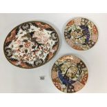 A LARGE ROYAL CROWN DERBY PORCELAIN PLATTER OF OVAL FORM, TOGETHER WITH TWO JAPANESE PORCELAIN