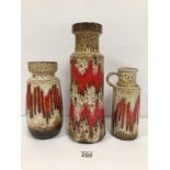 THREE WEST GERMAN SCHEURUCH VASES WITH "LIGHTING FLASH" DECORATION, LARGEST 32CM HIGH