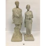TWO LARGE RESIN FIGURES OF A MALE AND FEMALE IN CLASSICAL DRESS, LARGEST 55CM HIGH