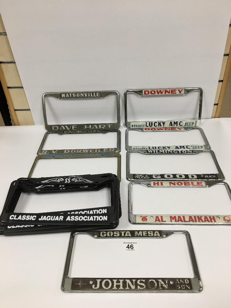 SIX METAL AMERICAN NUMBER PLATE FRAMES AND SIX PLASTIC JAGUAR ASSOCIATION NUMBER PLATE FRAMES