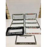 SIX METAL AMERICAN NUMBER PLATE FRAMES AND SIX PLASTIC JAGUAR ASSOCIATION NUMBER PLATE FRAMES