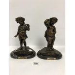 A PAIR OF BRONZE FIGURE OF SMALL FIGURES IN CLASSICAL DRESS, TITLED "LA VENDANGE" AND "LA MOISSON"