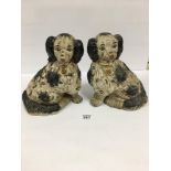 A PAIR OF STAFFORDSHIRE POTTERY SPANIELS, 28CM HIGH