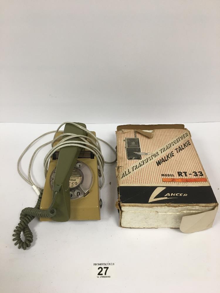 A GPO BAKELITE TELEPHONE, TOGETHER WITH A TRANSISTOR TRANSCEIVER WALKIE TALKIE BY LANCER IN ORIGINAL