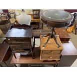 FOUR PIECES OF FURNITURE INCLUDING A VICTORIAN MUSIC CABINET AND A DRUM TABLE