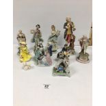 A GROUP OF PORCELAIN AND CHINA VICTORIAN AND GEORGIAN STYLE STAFFORDSHIRE FIGURINES WITH OTHERS