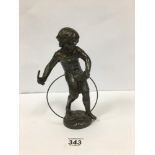 A 19TH CENTURY FRENCH SPELTER FIGURE DEPICTING A YOUNG GIRL WITH A HOOP, INDISTINCTLY SIGNED TO