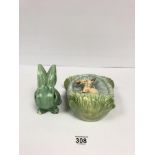 A VINTAGE SYLVAC BUNNY, LIGHT GREEN IN COLOUR, TOGETHER WITH A SYLVAC WALL POCKET