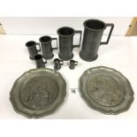 A COLLECTION OF PEWTER, COMPRISING A GRADUATED SET OF SEVEN TANKARD MEASURES AND TWO WALL PLATES