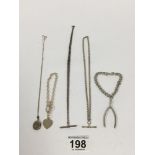 FIVE VARIOUS SILVER CHAINS AND BRACELETS, SOME WITH HANGING PENDANTS INCLUDING A WISHBONE, 48G