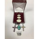 TWO 925 SILVER CROSS PENDANTS SET WITH SEMI-PRECIOUS STONES, TOGETHER WITH TWO OTHERS, TOTAL