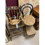 A COLLECTION OF CHILDRENS FURNITURE INCLUDING, HIGHCHAIR AND AND AN EBONISED BENTWOOD CHAIR