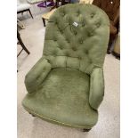 A VICTORIAN SPOON BACK BEDROOM CHAIR IN GREEN FABRIC