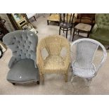 THREE CHAIRS TWO WICKER AN ONE BUTTON BACK CHAIR