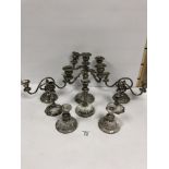 A COLLECTION OF PLATEWARE CANDLESTICKS AND CANDELABRA