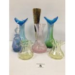 A CAITHNESS GLASS SCENT BOTTLE AND VASE WITH INVERTED NECK TOGETHER WITH FIVE OTHER PIECES OF
