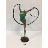 A MODERN BRONZE FIGURE OF A DANCING GIRL WITH A RIBBON WITH PAINTED DETAILS THROUGHOUT, 48CM HIGH