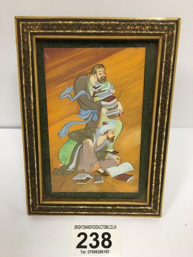 AN EASTERN MINIATURE GOUACHE PAINTING WITH FIGURES OF BOOKS, SIGNED, 11CM BY 7CM