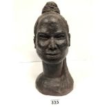 A BLACK PAINTED BUST OF A FEMALE, TITLED "BURMESE GIRL" AND SIGNED MB, 37CM HIGH