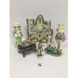 A NUMBER OF CHINA AND PORCELAIN ITEMS TO INCLUDE NURSERY RHYME FIGURE CANDLESTICKS AND A MINIATURE