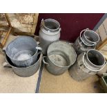A COLLECTION OF GALVANISED ITEMS INCLUDING THREE MILK CHURNS