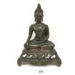 AN ORIENTAL BRONZE FIGURE OF BUDDHA IN A SEATED POSITION, RAISED UPON THREE FOOTED BASE WITH PIERCED