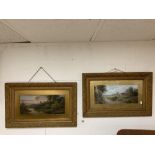A PAIR OF OILS ON BOARD IN ORNATE FRAMES LAKE AND COUNTRY SCENE UNSIGNED CM