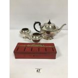 A RED VINTAGE HOUSEHOLD BILLS MONEY TIN TOGETHER WITH A SILVER PLATE TEA POT, JUG AND BOWL