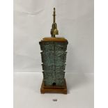 AN UNUSUAL CHINESE BRONZE VESSEL ADAPTED INTO A TABLE LAMP, 57CM HIGH