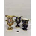 THREE EARLY 19TH CENTURY ENGLISH PORCELAIN CAMPANA SHAPED VASES, 15.5CM HIGH