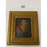 A SMALL OIL ON BOARD DEPICTING A BEARDED MAN, MOUNTED IN A GILT FRAME, 12CM BY 9CM