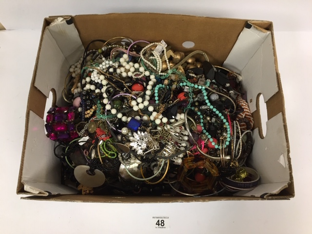 A LARGE COLLECTION OF VINTAGE COSTUME JEWELLERY, MOSTLY NECKLACES, BANGLES AND EARRINGS